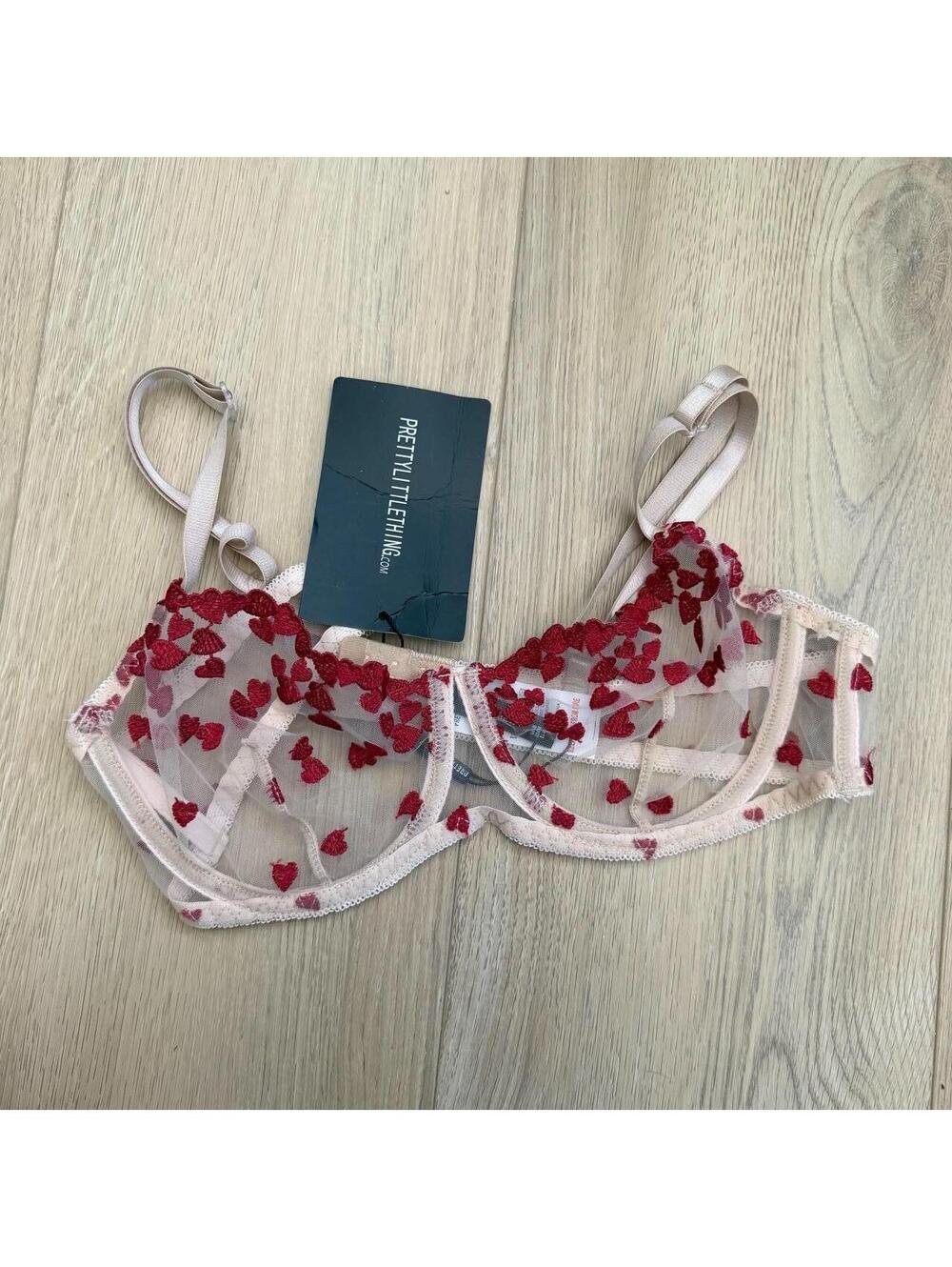 Pretty little thing use mesh bra with red appliqué hearts size medium